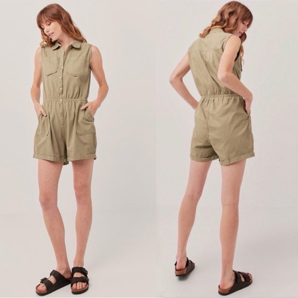 Pact Organic Cotton Romper Green Tan Khaki Color Size Large Multicolor